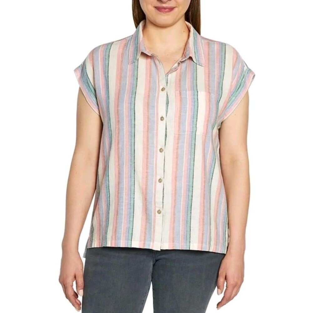 Women's Orvis Short Sleeve Linen Blend Striped Shirt Multicolor Large